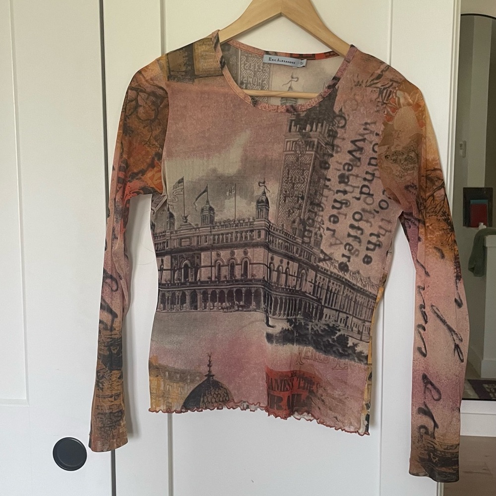 Women's 90’s Multicolor Mesh See Through Long Sleeve Graphic Top